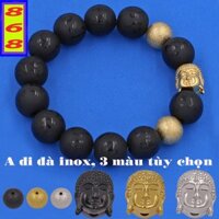 Vòng tay Đen Khắc Phật Chú Chữ Mờ 14 ly charm Phật tổ như lai inox 2 bi - hợp mệnh Mộc, Thủy