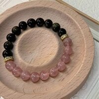 Vòng tay đôi đá tự nhiên, thạch anh dâu tây và obsidian