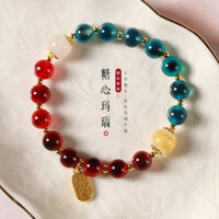 Vòng tay đôi FJ New Sugar Heart Agate, dây thun tay dệt, vòng tay Agate trắng sáu chữ cho nam và nữ