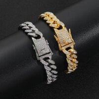 Vòng tay Hip Hop 12mm mới, dày, rộng, đầy đủ đá rhinestone, vòng tay chuỗi Cuba Hipster