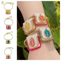 Vòng tay kim loại ECHOG, Áo ngực cổ điển bằng vải tinh tế đính cườm, Mặt dây chuyền hình trái tim vuông có thể điều chỉnh sáng tạo