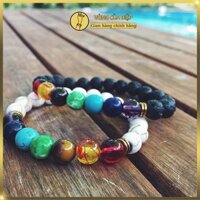 Vòng tay luân xa 7 nguồn năng lượng, đá 7 chakra cân bằng cơ thể, thiền định yoga (đá nham thạch đen/đá san hô trắng)