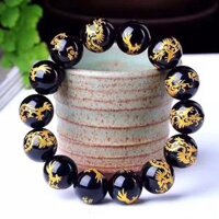 Vòng tay mã não màu đen tự nhiên bronzing Cung hoàng đạo Loong phong cách đen Obsidian cung hoàng đạo vòng tay năm cung hoàng đạo rồng giàu có vòng tay
