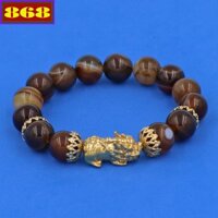 Vòng tay mã não nâu sọc charm Tỳ hưu inox vàng - Chuỗi đá nâu sọc 12 ly VMNNSTHBKV12