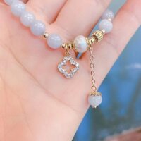 Vòng tay mặt dây chuyền đá mắt mèo Aquamarine mới, thiết kế hình cỏ ba lá, vòng tròn đơn, thời trang đa năng