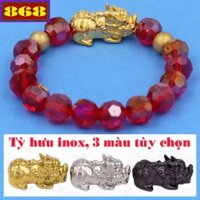 Vòng tay pha lê cắt giác đỏ 10 ly charm Tỳ Hưu inox, vòng tay chuỗi hạt