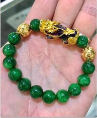 Vòng tay phong thủy đá mã não xanh lá MU347 Tỳ hưu đổi màu mix hạt kim tiền vàng-10MM