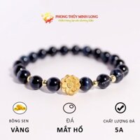 Vòng tay phong thủy đá mắt hổ Chim Ưng xám đen mix bông sen vàng