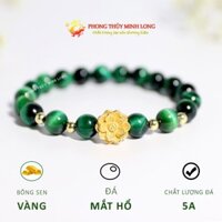 Vòng tay phong thủy đá mắt hổ xanh lá đen mix Bông Sen Vàng