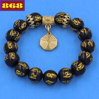 Vòng tay phong thủy đen Phật chú vàng 12 ly bát quái vàng VTAEPVBQHKV12