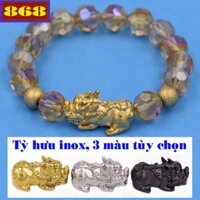 Vòng tay thủy tinh nâu 10 ly charm tỳ hưu inox, vòng tay hạt chuỗi