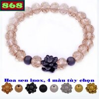 Vòng tay thủy tinh nâu cắt giác 8 ly charm hoa sen inox và 2 bi - Chuỗi tay phong thủy, vòng chuỗi đeo tay nam và nữ