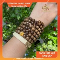 Vòng Tay Trầm Hương 108 Hạt Charm Hoa Sen Vàng Phú Quý 10mm Trầm Tốc Tự Nhiên Cao Cấp cầu Bình An