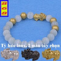 Vòng tay Tỳ Hưu inox đá mắt mèo trắng 8 ly 4 bi charm tỳ hưu inox - Vòng size nhỏ