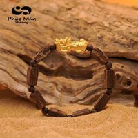 Vòng Trầm Sánh Chìm Hạt Tự Nhiên Phối Charm Tỳ Hưu Bạc Mạ Vàng 18K Phúc Mãn Đường
