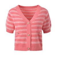 VSLP Self-Portrait 2024Summer Color-Block Stripes v Single-Breasted Short-Sleeve Knitted Cardigan Fashionable Commuting Versatile Youthful Short Top
