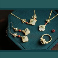 VT29_Bộ dây chuyền bông tai vòng tay nữ mạ vàng dạng xích họa tiết hoa văn phối đá phong cách cổ trang Boho