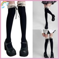 Vua Nữ Sinh Nhật Bản Cotton Trên Đầu Gối Tất Ruffle Ren Top Ngọt Nơ Đùi Vớ Chân Ấm Hàng Dệt Kim