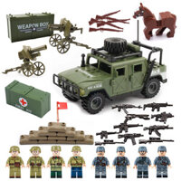 Vui nhộn trẻ em lắp ráp đồ chơi WWII khối xây dựng xe jeep quân sự đồ chơi quân sự phụ kiện vũ khí mảnh thiết bị