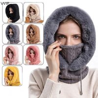 Vvvn Mùa Đông Mũ Lông Thú Bộ Mặt nạ Có Mũ Trùm Đầu Cho Nữ Dệt Kim Cashmere Cổ Ấm Áp Nga Trượt Tuyết Ngoài Trời Mũ Chống Gió Dày Sang Trọng Lông Tơ Beanies QDD
