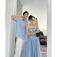 [VY VY CLOSET] Đồ Đôi Nam Nữ Hàn Quốc Mùa Hè Set Áo Váy Đôi Sơmi Kẻ Sọc Xanh Thời Trang
