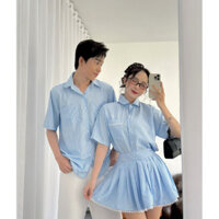 [VY VY CLOSET] Đồ Đôi Nam Nữ Hàn Quốc Mùa Hè Set Áo Váy Đôi Sơmi Kẻ Sọc Xanh Thời Trang