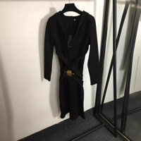 VYOX VERSAC# New Dress Medusa Gold Buckle Belt Buckle Long Sleeve Hooded DeepVCollar Waist Slimming Dress