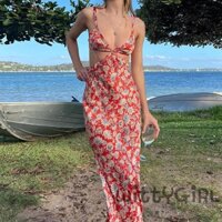 W[]-Women´s Sling Long Dress, Floral Printed Hollow Out Backless Ring Connect Dress, Casual Simple One-Piece Clothes