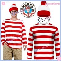 Waldo Trang Phục Gia Đình Trang Phục Hoạt Hình Ở ĐÂU WLLY Trang Phục Hóa Trang Waldo Đỏ Trắng Sọc Áo Sơ Mi Mũ Kính Tất Trọn Bộ