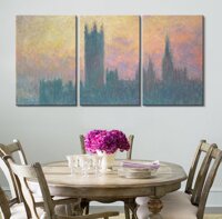 wall26 3 Panel Canvas Wall Art - Houses of Parliament, Sunset, 1903 by Claude Monet - Giclee Print Gallery Wrap Modern Home Art Ready to Hang - 16&...