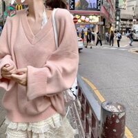 Wan YAN Áo len chui đầu cổ chữ v phong cách lười biếng dành cho nữ mùa xuân, mùa thu đông, áo dệt kim rộng rãi cho cánh hoa