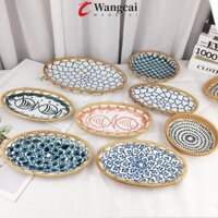 Wancgai Mây Breadbasket, Tranh Màu Hình Bầu Dục Đĩa Trái Cây Mây Gốm, Đa Năng Phong Cách Việt Nam Cá / Hoa Họa Tiết Khay Ăn Nhẹ Nhà