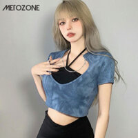 Waneca Blue Chain Splice Slim Fit Áo thun ngắn tay nữ + Dây đeo cổ Áo hai mảnh