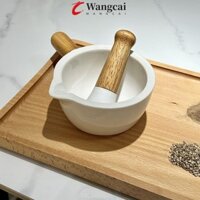 Wangcai Bình nghiền cầm tay WANCGAI, Vữa nghiền gốm mài hiệu quả cầm tay thoải mái có lỗ, đa năng có tay cầm bằng gỗ Máy xay gia vị chống mài mòn Herb