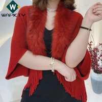 Wapkty Faux Fur Collar, Khăn choàng dệt kim tua rua dệt kim dày, Váy dạ hội Áo len Cardigan ấm áp mùa đông