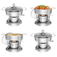 Warmounts 1QT Chafing Dish Buffet Set Individual Single Shabu Hot Pot, Stainless Steel, Glass Lid, Mini Round Chafing Di