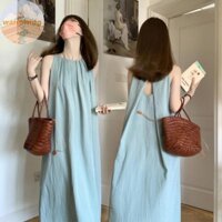 Warmwing Pháp Retro Pleat Backless Áo Vest Dài Đầm Đi Biển Kỳ Nghỉ Đầm VN