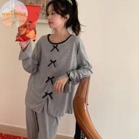 Warmwing Thời Trang Nhà Sọc Ren Nơ Rời Quần Dài Tay Bộ Đồ Ngủ VN