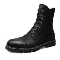 Waterproof leisure riding boots Mid Calf Boot for Men Combat Boots Lace up Genuine Leather Anti-skid Stitching Shiny Style Side Zipper (Fleece Inne...