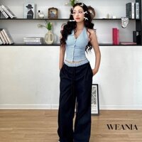 Weania Mùa Hè Retro Kẻ Sọc Dây Xe Tăng Thường Ngày Rời Chắp Vá Quần 2 Bộ