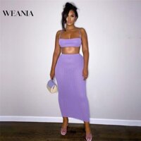 Weania Set Áo Tank Top Dệt Kim Màu Trơn + Chân Váy Dài Ôm Dáng Cho Nữ