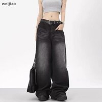 Wei Quá Khổ Retro Đen Quần Jean Ống Rộng Quần Nữ Sang Trọng Y2K Eo Thấp Baggy Quần Jean Nam Thùng Quần Jean Dạo Phố tức