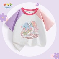 W.G.Q  Bé Gái Raglan Tay Ngắn, Vải Cotton Nguyên Chất Mềm Mại Thoải Mái, Có In Tranh Sơn Dầu