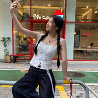 *Wgwe* Áo croptop 2 dây bèo nhún cá tính năng động