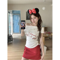 Whbyzwhcb Sweet Hot Girl In chữ chéo Cổ áo thun ngắn tay Nữ Mùa hè 2024 Phong cách mới Phù hợp với Slim-Fit Kéo