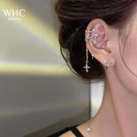 WHC Jewelry Khuyên Tai Kẹp Tua Rua Hình Ngôi Sao Mặt Trăng Không Xỏ Lỗ Cho Nữ Kẹp Tai Chéo Đính Đá Zircon Sáng Bóng Thời Trang