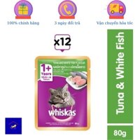 WHISKAS - Thức ăn cho mèo lớn dạng sốt vị cá ngừ và cá thịt trắng 80g (12 gói)