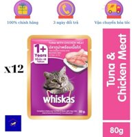 WHISKAS - Thức ăn cho mèo lớn dạng sốt vị cá ngừ và thịt gà 80g (12 gói)