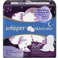 Whisper Băng Vệ Sinh Whisper Skinlove All Night Ultra Slim Wings 360 Leakage Protection Ban Đêm 31cm 6 Miếng