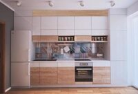 White TB09 kitchen cabinets combined with wood grain for a bright small kitchen space